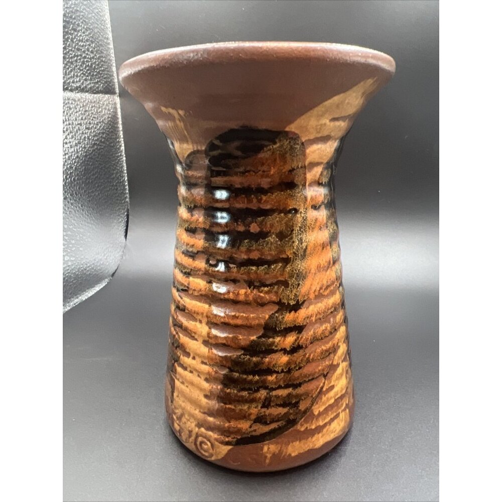 Pottery Craft USA Vase Stoneware Handcrafted MCM Ribbed Glazed 5.5” T Art